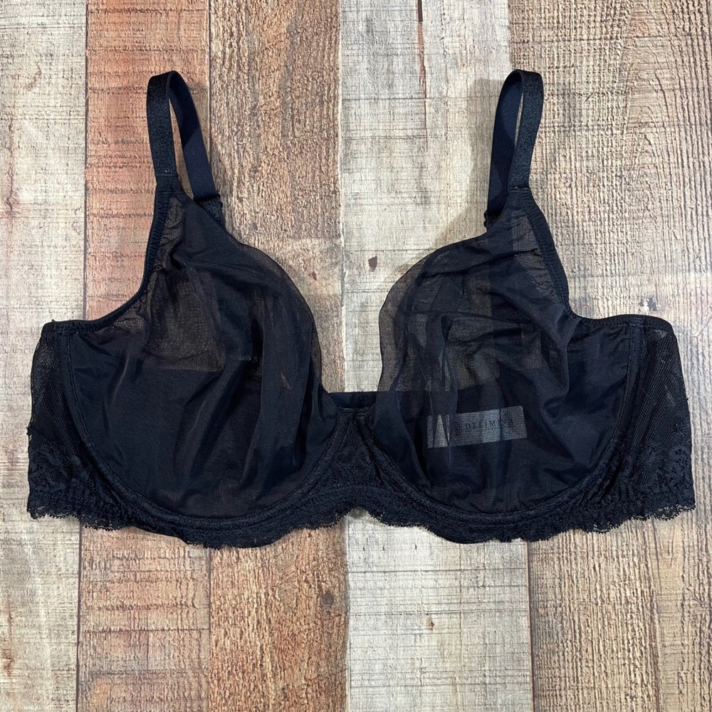 Delimira Black Sheer Mesh Lace Trim Underwire Full Coverage Bra Size 42DD W703